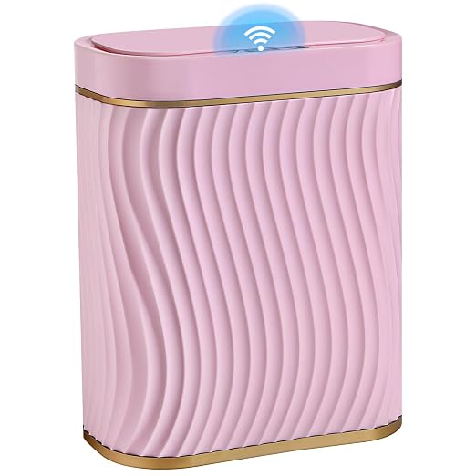 steo spce Bathroom Small Trash Can with Automatic Touchless Lid, 2.6 Gallon Smart Garbage Can Narrow Waterproof Trash Bin for Bedroom, Office, Living Room (Gold Pink)