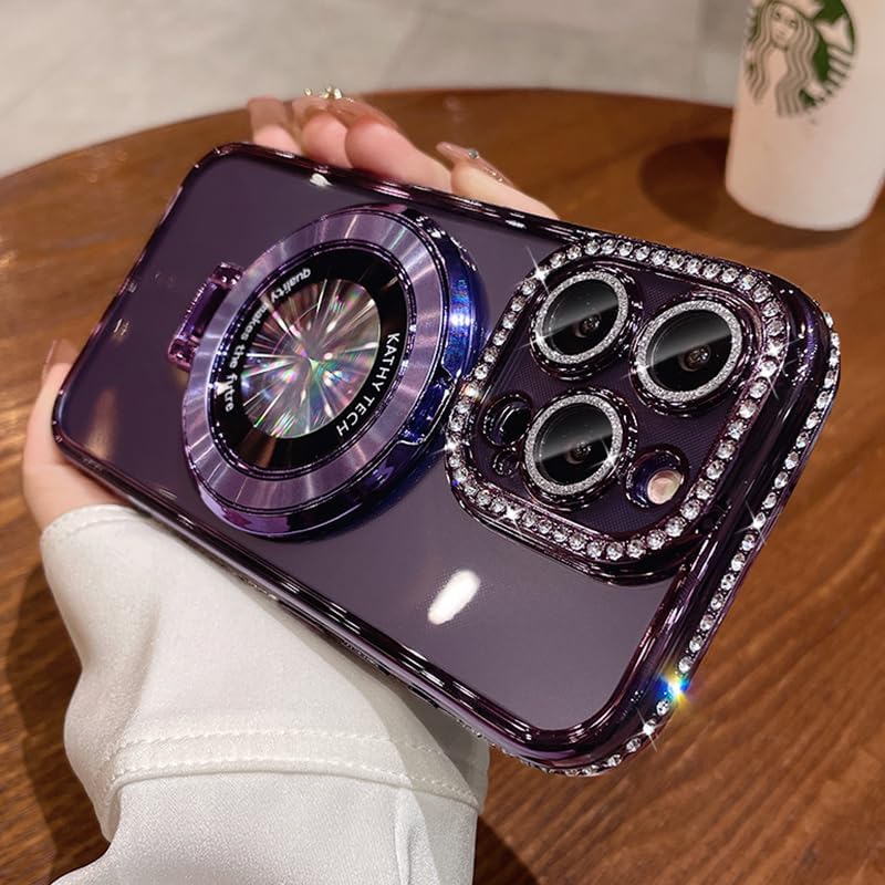 Magnetic Kickstand (Glitter Lens Protector ) Case for iPhone 15 14 13 12 Pro Max (Compatible with Magsafe ) Sparkling Diamond Cover Glitter Shiny Rhinestone Cases (Purple,for iPhone 12 Pro Max)