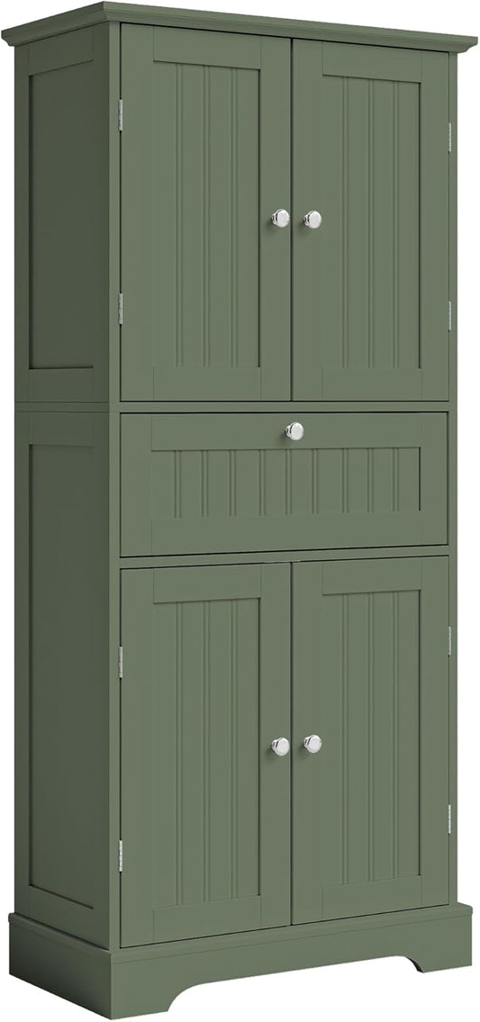 ChooChoo 51" H Tall Bathroom Floor Cabinet, Modern Bathroom Storage Cabinet with Drawer and Adjustable Shelves, Freestanding Kitchen Pantry Cupboard with 4 Doors for Living Room, Green