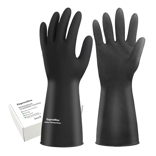 Heavy-Duty Thick Black Rubber Cleaning Gloves, 3 Pairs, L | Reusable & waterproof black/orange dual layers. Non-slip design for dishwashing, kitchen cleaning, and auto care.