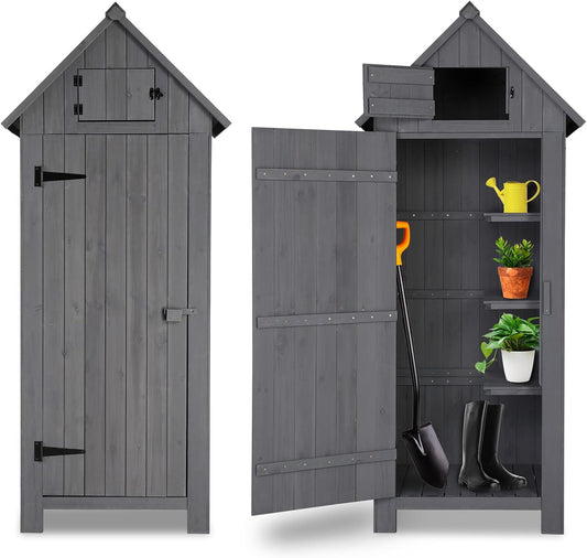 Outvita Outdoor Storage Shed, 70 Inch Wooden Garden Storage Cabinet, Waterproof Tool Storage Cabinet with Lockable Door, Wooden Garden Shed Outdoor Shed for Garden Backyard Lawn(Grey)