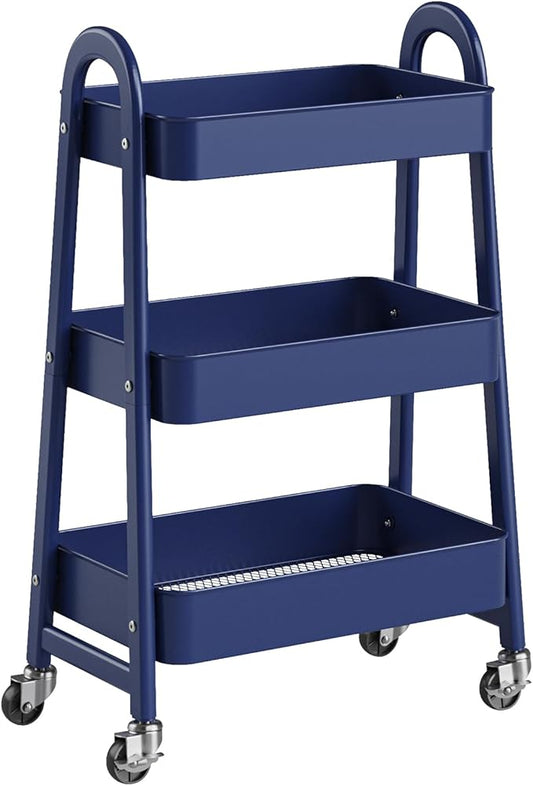 OLIXIS Metal 3 Tiers Utility Rolling Cart, Mobile Storage Shelf with Lockable Caster Wheels, Organization for Livingroom, Bathroom & Narrow Places, Blue