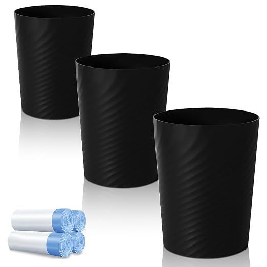 UUJOLY Bathroom Small Trash Can with Trash Bag Plastic Garbage Can Round Waste Basket for Bathrooms, Laundry Room, Kitchens, Offices, Kids Rooms, Dorms, 1.8 Gallons, 3 Pack (Black)
