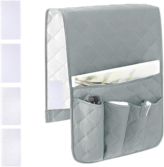 RETON Sofa Armrest Organizer with 5 Pockets, Non Slip Remote Control Caddy with 8 Pieces of Hook and Loop Fasteners, Armchair Caddy Holder Storage for Magazine Recliner Book TV Phone (Gray)