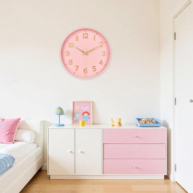 HZDHCLH Wall Clocks Battery Operated,Wall Clock Pink Gold 12 inch Wall Clock Silent Non Ticking Modern 3D Numbers for Office Kitchen Classroom Bedroom Living Room Decor
