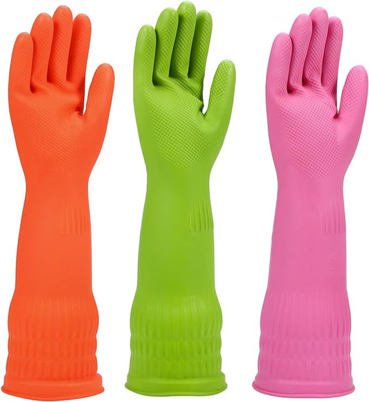 Rubber dishwashing gloves 3 or 6 Pairs for kitchen,Cleaning washing dish gloves long for household reuseable durable.