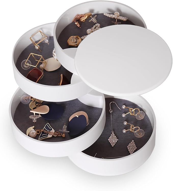CONBOLA Jewelry Organizer, Small Jewelry Storage Box Earring Holder for Women, 5-Layer Rotating Travel Jewelry Tray Case with Lid for Bracelets Rings Bracelets, Gift for Women Teen Girls(White)