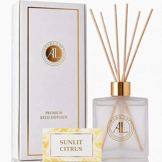 Frosted Reed Diffusers Sticks in Oil Set with Sunlit Citrus Scent | Long-Lasting Reed Diffusers for Home, Office, Bathroom, & Bedroom Decor Fragrance Diffuser | Frosted Diffuser | (5 oz)