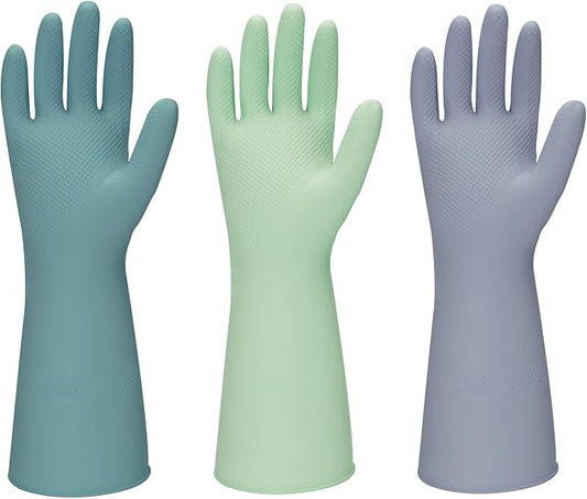 Rubber Kitchen Dishwashing Gloves - 3 Pairs Colorful Reusable Household Cleaning Gloves For Washing Dishes And Cleaning Tasks，Flexible And Durable Waterproof (Small, Dark Green+Green+Gray)