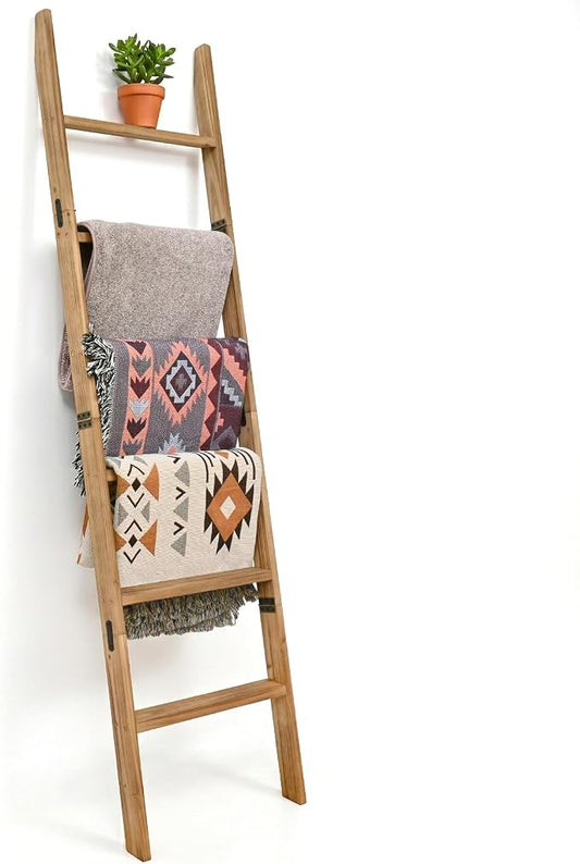FUIN 5.5ft Wooden Blanket Ladder, Wood Towel Ladder, Rustic Decorative Ladder for Blankets, Farmhouse Quilt Rack for Living Room & Bathroom