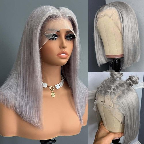 Bestvivid Dark Gray Bob Lace Front Wigs Human Hair HD Transparent Pre Plucked 13x4 Glueless with Baby Hairs 16inch Natural Hairline 100% Unprocessed Human Hair Grey Lace Frontal Blunt Cut Bob Wig