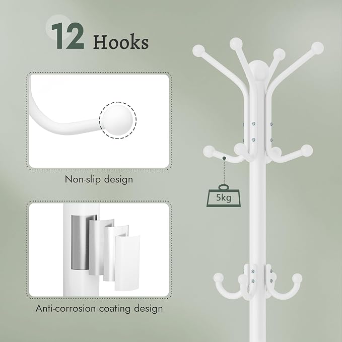 FAVOOSTY Coat Rack Freestanding,Coat Rack Stand with Umbrella Holder,Metal Coat Tree with 12 Hooks,Tree Clothes Hat for Entryway, Hallway, Bedroom, Living Room & Office -White