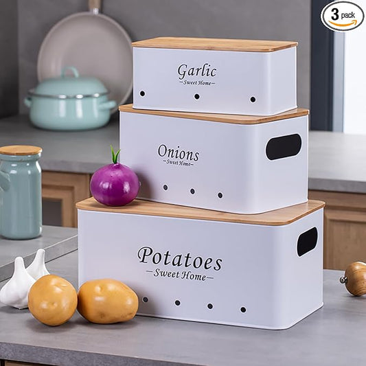 Simcat Kitchen Vegetable Storage Tins Set of 3, Potato Onion Garlic Kitchen Storage Canisters, Vegetable bin Keeper Containers with Aerating Holes and Wooden Lid (White)