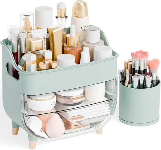 Yieach Green Make up Organizer for Countertop,Vanity,Large Capacity Bathroom Makeup Skincare Organizers With Brush Holder,Makeup Storage Organizer for Lotion,Beauty Products,Skin Care,Makeup Display