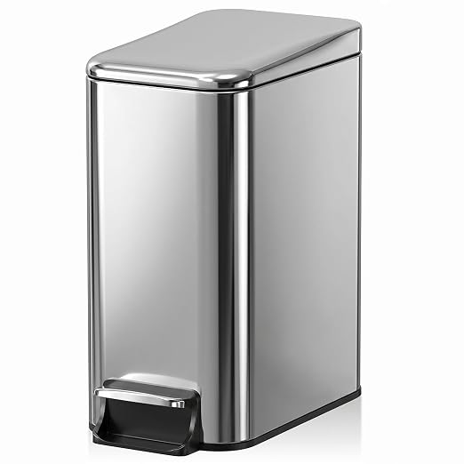 Small Bathroom Trash Can w/Lid Soft Close, 6 Liter/1.6 Gallon Stainless Steel Garbage Can w/Inner Bucket, Trash Bin Waste Basket for Kitchen, Bedroom, Living Room, Office, Toilet, Silver