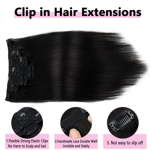Liwihas Clip in Human Hair Extensions 100g 7pcs with 16 clips Silky Straight Clip in Hair Extensions for Women Double Weft Thick Remy Human Hair (#1B Natural Black 22 inch)