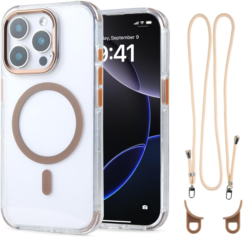 for iPhone 15 Pro Case with 62.99 inch Lanyard, Compatible with MagSafe, Shockproof Military-Grade Protection, Yellowing Resistant, Adjustable Strap Magnetic Phone Case, Classic Clear&Brown