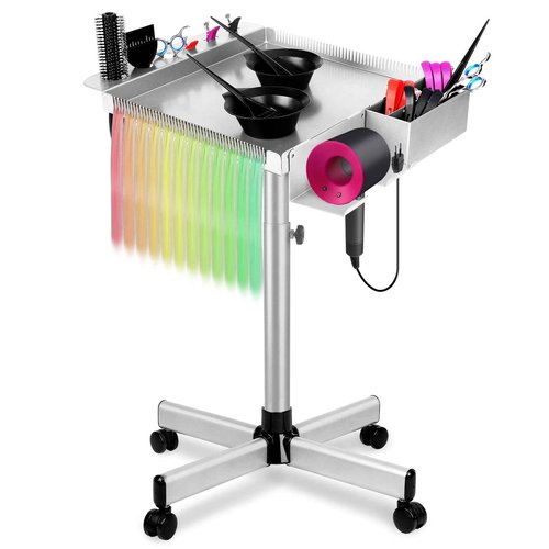 Salon Rolling Tray on Wheels, Hairstylist Tray with Storage Platform and Hair Separator Stand for Salon Station, Salon Tray Cart, Metal Service Instrument Storage Tray Accessory for Salon&Spa Use