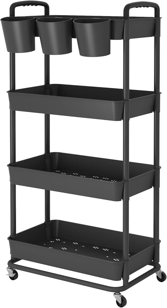 JIUYOTREE 4-Tier Plastic Rolling Storage Cart Utility Cart with Extra Hanging Cups Handles Lockable Wheels for Living Room Bathroom Kitchen Office Black