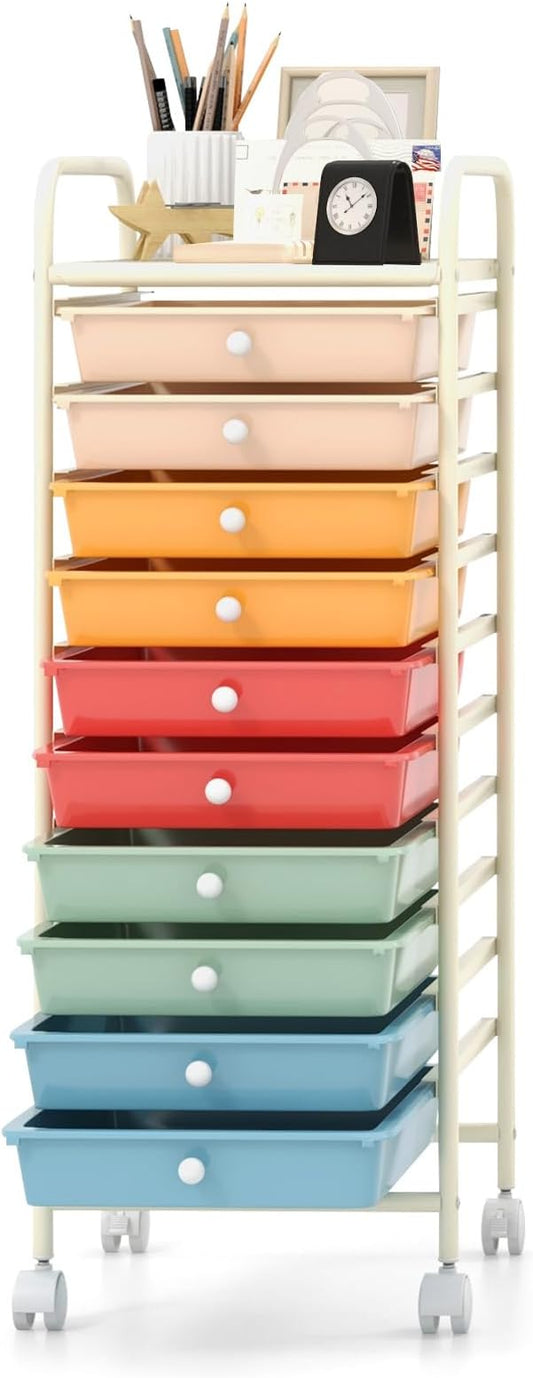 MEDIMALL 10 Drawers Rolling Storage Cart, Multipurpose Craft Storage Cart with Wheels, Mobile Tools Scrapbook Paper Organizer Cart for Office School Home Use