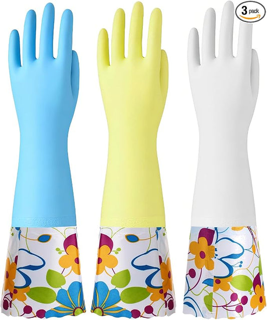 Bamllum 3 Pairs Rubber Cleaning Gloves, Household Kitchen Dishwashing Gloves with Cotton Flocked Liner, Long Cuff 16 Inches (Blue+Yellow+White, Large)