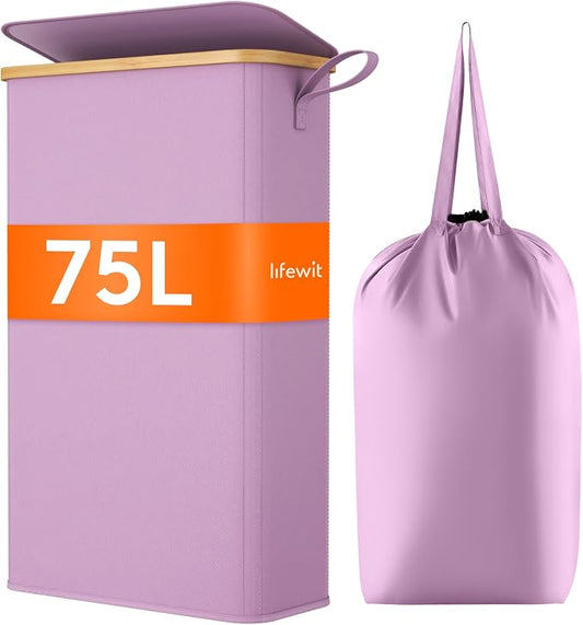 Lifewit 75L Slim Laundry Hamper with Lid, Narrow Laundry Basket with Removable Bag & Bamboo Handles, Fodable Thin Dirty Clothes Hamper for Laundry Collapsible Bin for Bathroom Bedroom Dorm, Purple