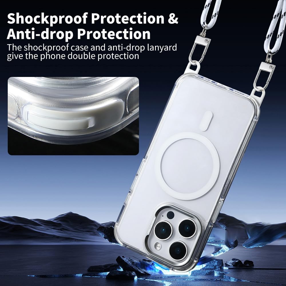 for iPhone 15 Pro Max Case with 62.99 inch Lanyard, Classic Clear&White Magnetic Phone Case, Drop&Shockproof Protection Cases, Phone Holder Lanyard, Compatible with Magnet Accessory