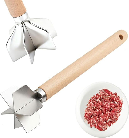 304 Stainless Steel Meat Chopper,6 Blade Ground Beef Masher with Wooden Handle, 11 Inch Potato Masher, Metal Meat Masher for Kitchen