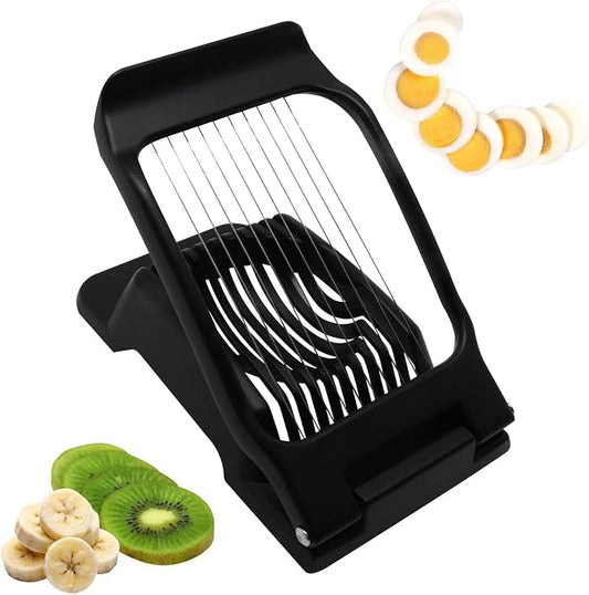 Egg Slicer for Hard Boiled Eggs, Food Slicer with 10 Stainless Steel Wires, Aluminum Alloy Heavy Duty Hard Boiled Egg Cutter for Soft Fruit Strawberry Butter Kiwi Home Use (1Pcs, Black)