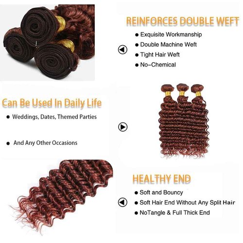 Giginger Brazilian Human Hair Bundles 26 28 30 Inch Reddish Brown Deep Wave Bundles Color 33 Human Hair Deep Wave Unprocessed Virgin Quick Weave Hair for Black Women