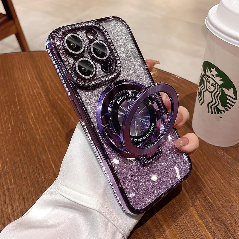 Magnetic Kickstand (Glitter Lens Protector ) Case for IPhone 15 14 13 12 Pro Max (Compatible with Magsafe ) Sparkling Diamond Cover Glitter Shiny Rhinestone Cases (Purple,for iPhone 12 Pro)