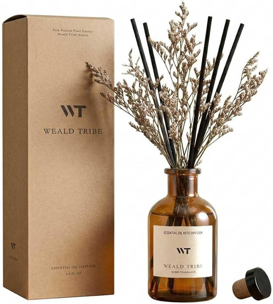 WEALD TRIBE Flower Reed Diffuser Set Vanilla Cinnamon Scent for Bathroom Air Fresheners | 4.0 fl oz Essential Oils with Sticks Home Fragrance Defusers | House Bedroom Office Shelf Decor & Gift