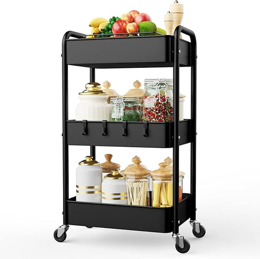 LEHOM 3 Tier Rolling Cart, Metal Rolling Utility Cart with Lockable Wheels & Hooks, Multi-Functional Heavy Duty Storage Cart Organizer for Bathroom, Kitchen, Office, Living Room