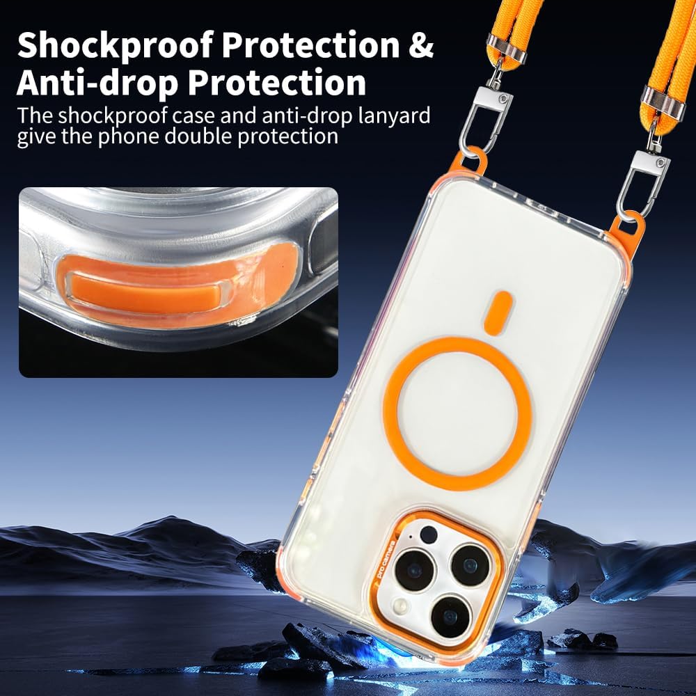 for iPhone 14 Pro Max Case with Phone Lanyard Strap, Compatible with MagSafe, Shockproof Military-Grade Protection, Non-Yellowing, Around The Neck Magnetic Classic Hybrid Case, Clear Orange