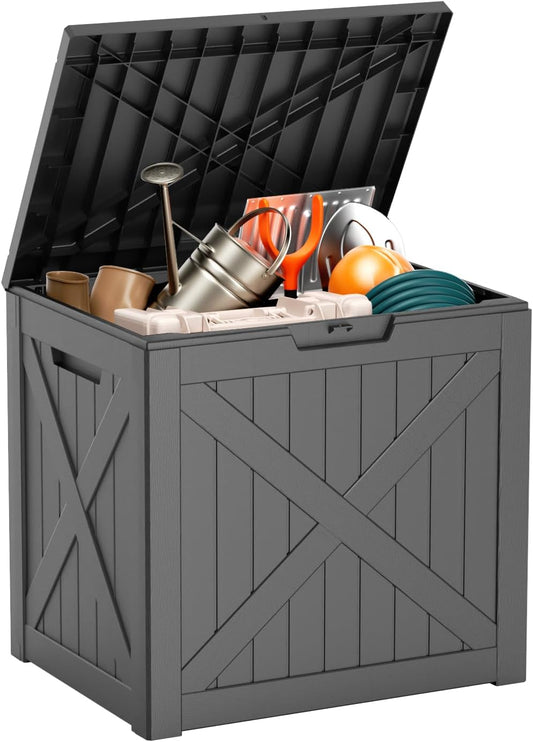 32 Gallon Outdoor Deck Box,Storage Lockable Waterproof Patio Furniture,Garden Tools,Cushions,Pool Accessories Outside Storage Resin Box(Black)