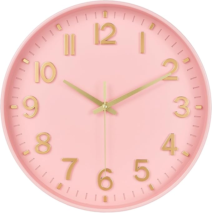 HZDHCLH Wall Clocks Battery Operated,Wall Clock Pink Gold 10 inch Wall Clock Silent Non Ticking Modern 3D Numbers for Office Kitchen Classroom Bedroom Living Room Decor