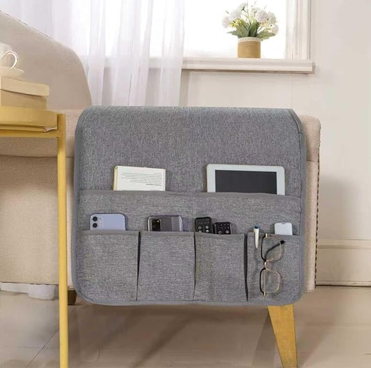 Faux Linen Armchair Caddy for Couch Remote Control Holder Non-slip Sofa Armset Organizer Caddy Storage for Recliner Couch 6 Pocket for Magazine 35"x19.5" Grey Linen 1 Piece