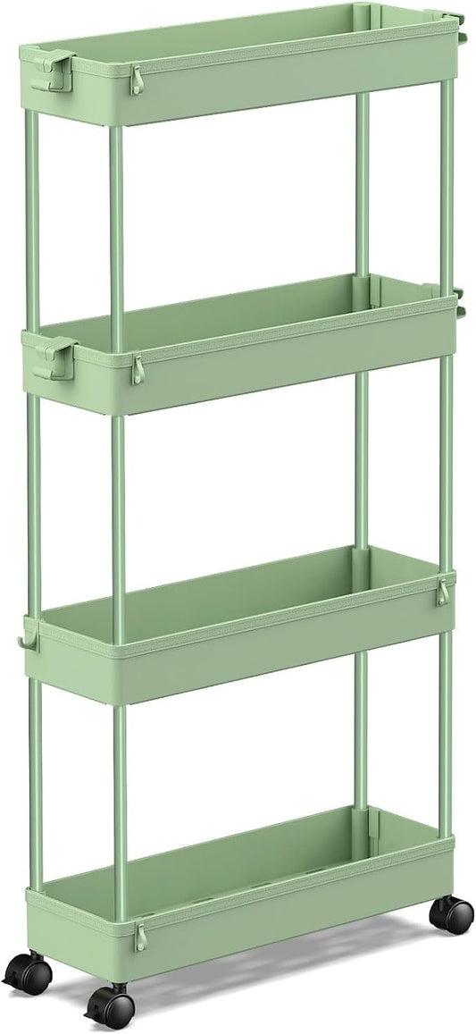 SPACEKEEPER Slim Rolling Storage Cart 4 Tier Bathroom Organizer Utility Cart Mobile Shelving Unit Tower Rack for Kitchen, Laundry Room, Bathroom, Narrow Places, Green