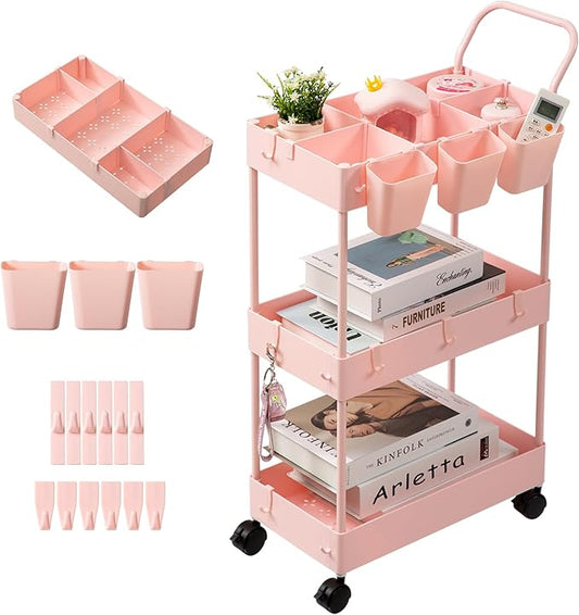 danpinera Slim Storage Cart, 3 Tier Narrow Rolling Cart on Wheels Bathroom Organizer with Dividers Handle Hanging Cups Hooks for Laundry Room Kitchen Small Spaces, Pink