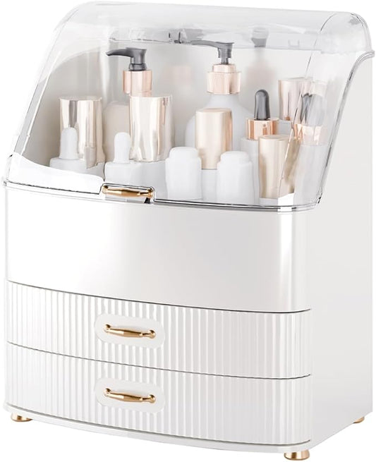 Makeup Organizer Countertop Vanity with Transparent Lid Drawers Waterproof Dustproof Cosmetic Skincare Bathroom Storage Gift for Women Teens Girls (White)