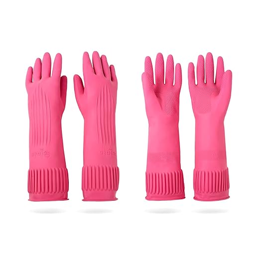 DABOGOSA Mamison 2 Pairs Reusable Waterproof Household Dishwashing Cleaning Rubber Gloves, Non-Slip Kitchen Glove (Pink, Medium (Pack of 2))
