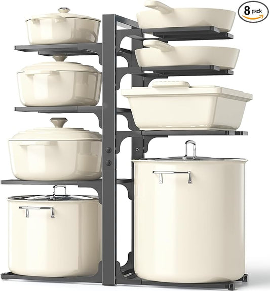 MUDEELA Pots and Pans Organizer Rack under Cabinet 20.8" Height, 8-Tier Adjustable Heavy Duty 120LBS Pot and Pan Organizer Rack inside Cabinet for Kitchen Organizer Cast-iron Pans, Heavy Cookware