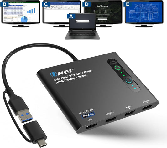 OREI SplitExtend HDMI Splitter Extended Display for Quad Monitor - Multi-Monitor Display 5 Separate Screens - USB-C Adapter to HDMI 2.0, 4K@30Hz Outputs - Windows and Mac Compatible