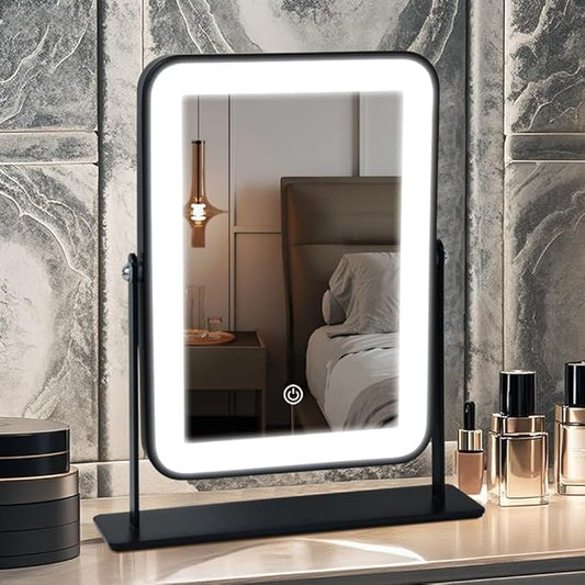 YEKKOPT Portable Desk Vanity Mirror with Lights,Black Rechargeable Small Makeup Mirror with Lights,Mini Dorm Mirror,Touch Screen with 3-Color Lighting,Dimmable,for Tabletop,Bedroom,Bathroom