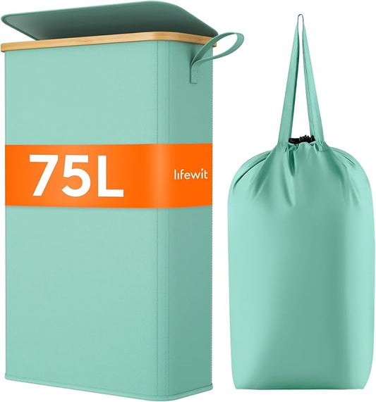 Lifewit 75L Slim Laundry Hamper with Lid, Narrow Laundry Basket with Removable Bag & Bamboo Handles, Fodable Thin Dirty Clothes Hamper for Laundry Collapsible Bin for Bathroom Bedroom Dorm, Sage Green