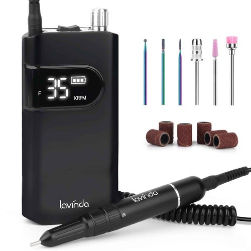 Lavinda 35000RPM Electric Nail Drill, Professional Cordless Nail Drill Machine Portable Rechargeable Nail Efile for Acrylic Gel Nails, Manicure Pedicure Polishing Shape Tools for Salon Home Use-Black