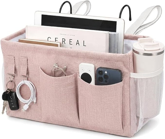 1pc Bedside Caddy Organizer with Hooks, No-Sagging Canvas Hanging Bed Pocket with Water Bottle Holder, Bedside Storage for Dorm Room Essentials, Bunk Bed Accessories, Hospital Bed Rails & Crib (pink)