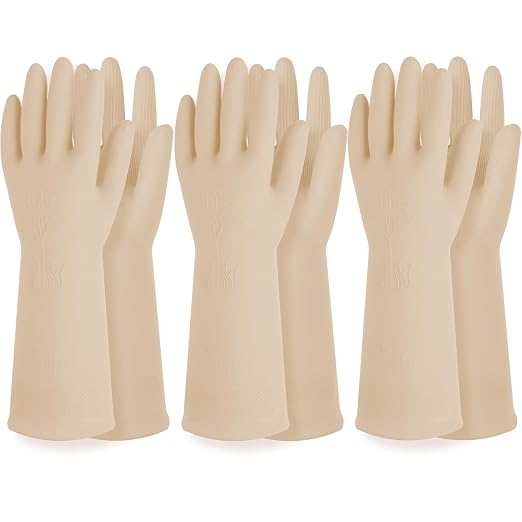 DABOGOSA Reusable Waterproof Household Dishwashing Cleaning Rubber Gloves, Non-Slip Kitchen Glove (Ivory, Small (Pack of 3))