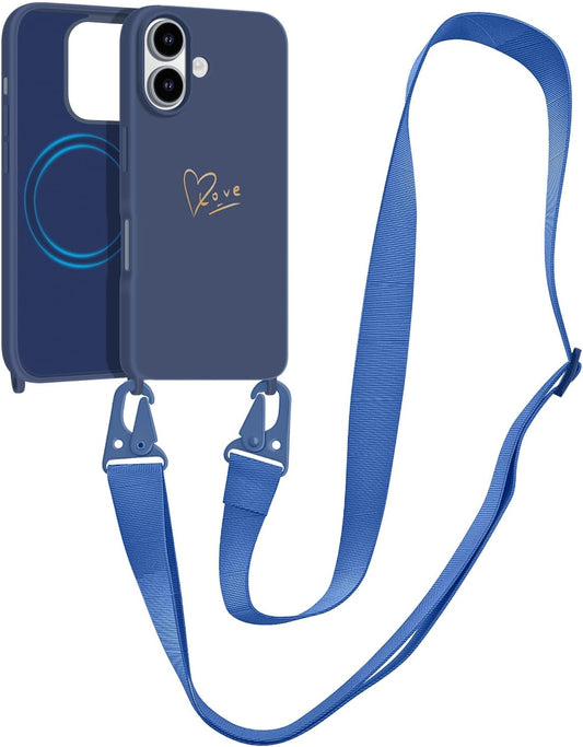 Crossbody Case for iPhone 16 with Strap, [Compatible with MagSafe], Cute Love Heart Silicone Phone Case with Neck Lanyard for Girls Women