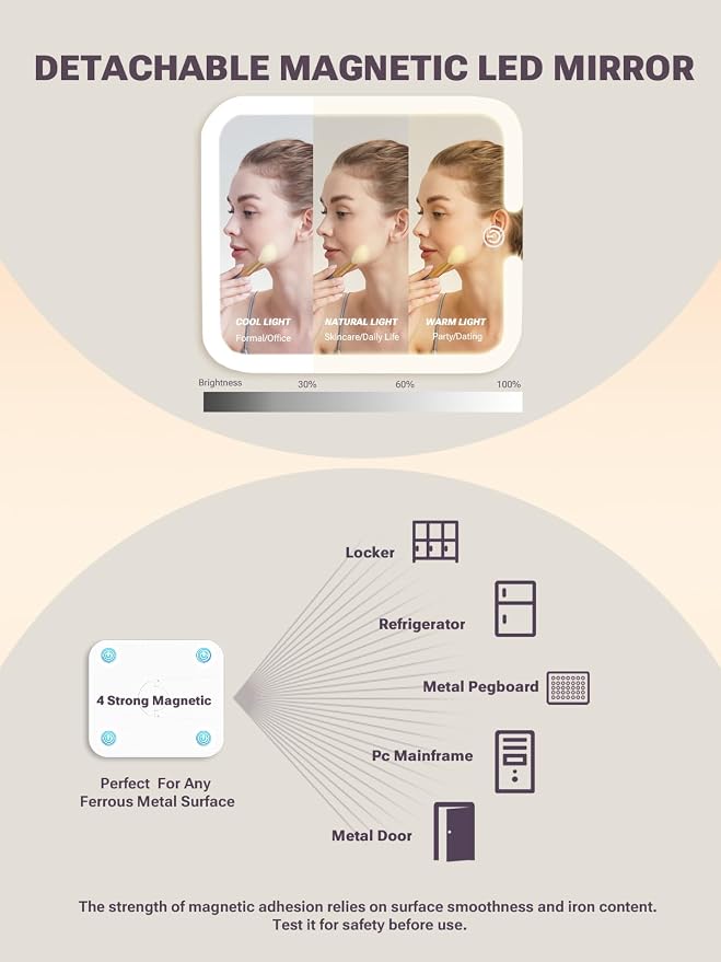 Qislee Makeup Box with A Detachable Lighted Mirror, Waterproof Travel Train Case, Cosmetic Organizer and Makeup Suitcase with Adjustable Dividers, Magnetic LED Mirror(Icy Pink)